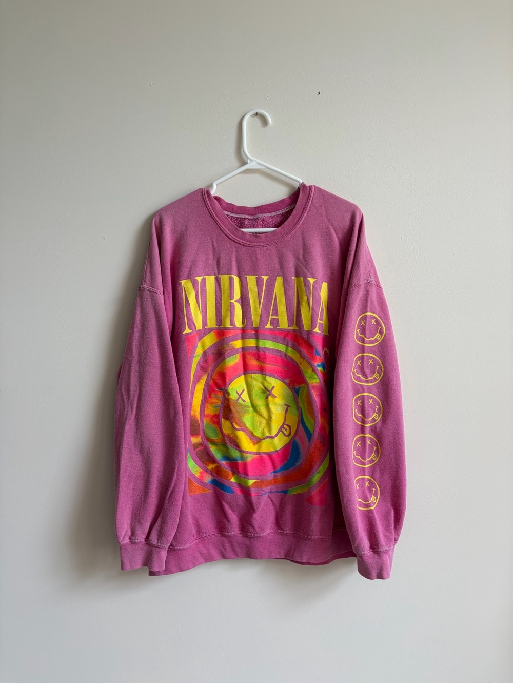 Urban Outfitters Pink Multicolor Nirvana Smiley Crewneck
